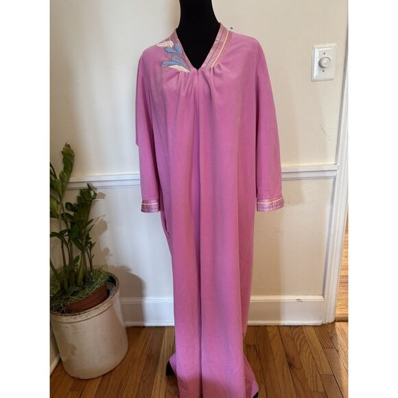 Vanity Fair Long PINK White Blue Applique robe House Zip Large pockets vintage - Picture 3 of 14